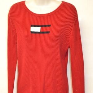 Tommy Hilfiger Logo Front ribbed crew neck, Red XL Thick heavy pullover sweater